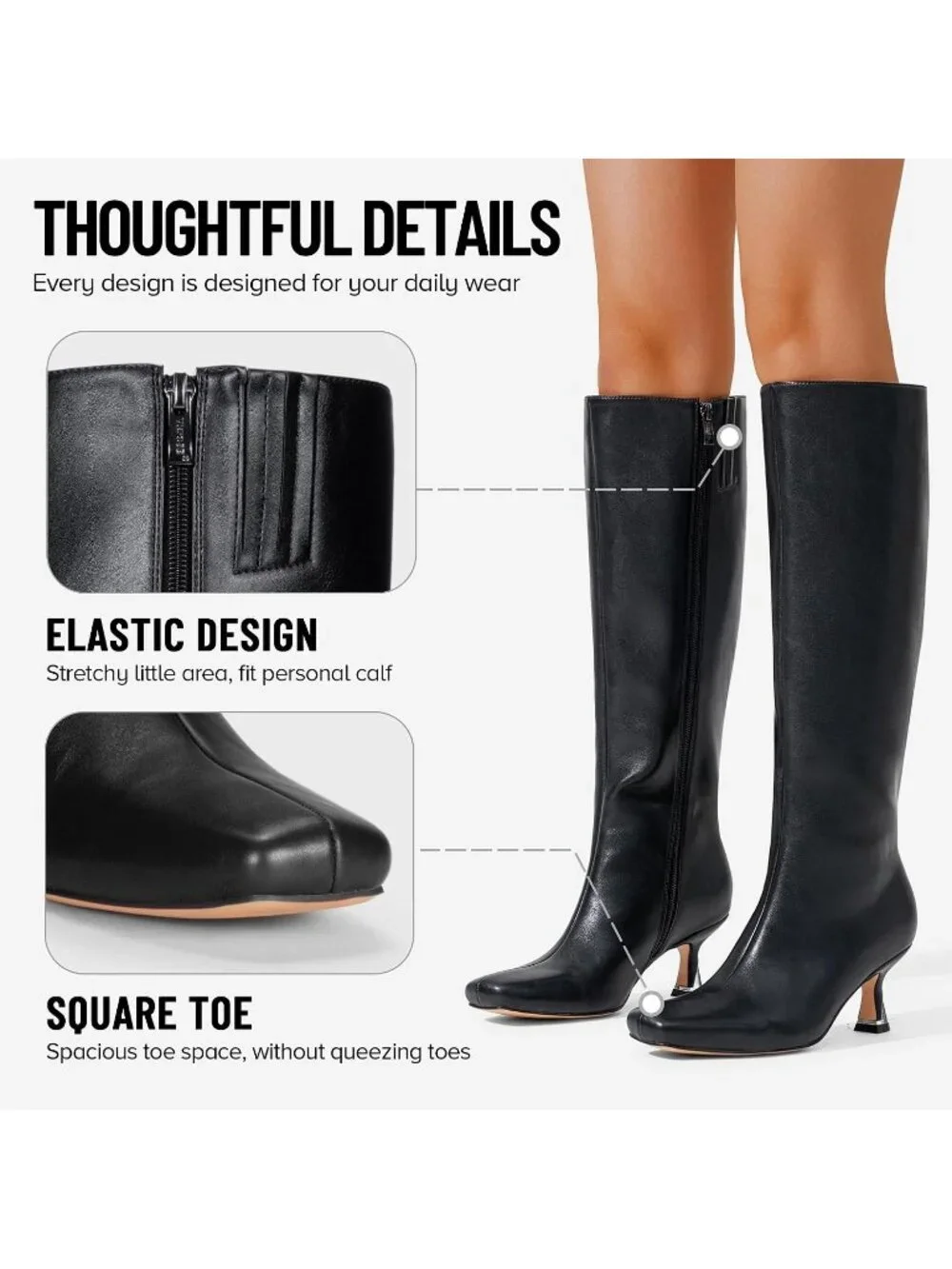 Women's Black Square Toe Kitten Low Heel with Zipper Tall Dress Knee High Boots